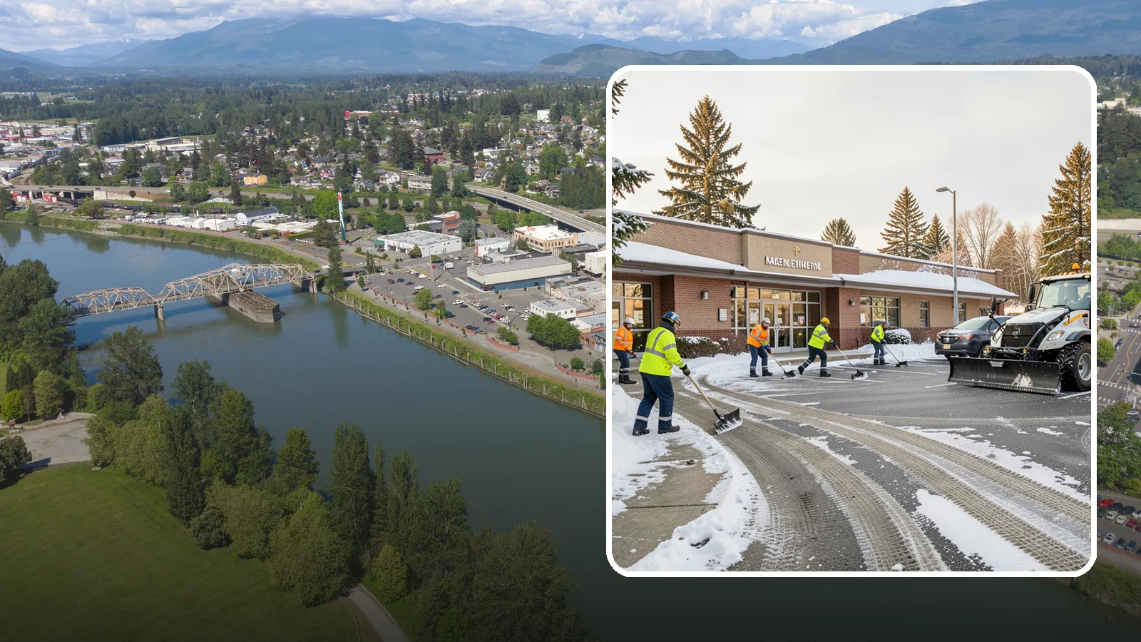 Strip Mall Snow Removal in Mount Vernon, Skagit County, WA - We keep strip-mall storefronts, shared parking, and sidewalks clear so every tenant's customers can reach the door safely.