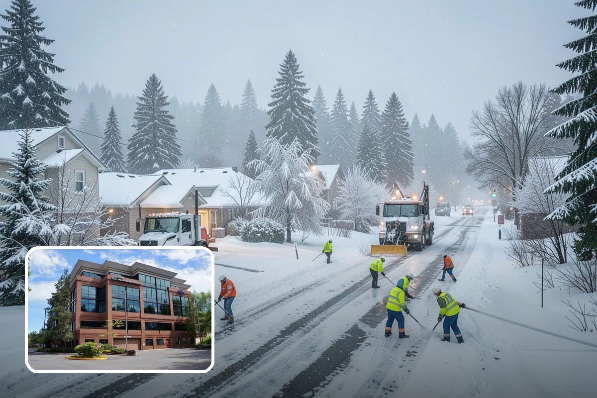 Strip Mall Snow Removal in Mountlake Terrace, Snohomish County, WA - Shared lot and full storefront walkway cleared