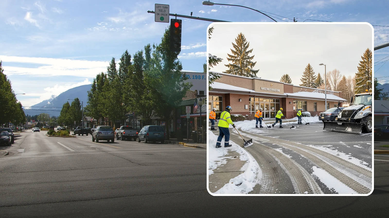 Strip Mall Snow Removal in North Bend, King County, WA - We keep strip-mall storefronts, shared parking, and sidewalks clear so every tenant's customers can reach the door safely.