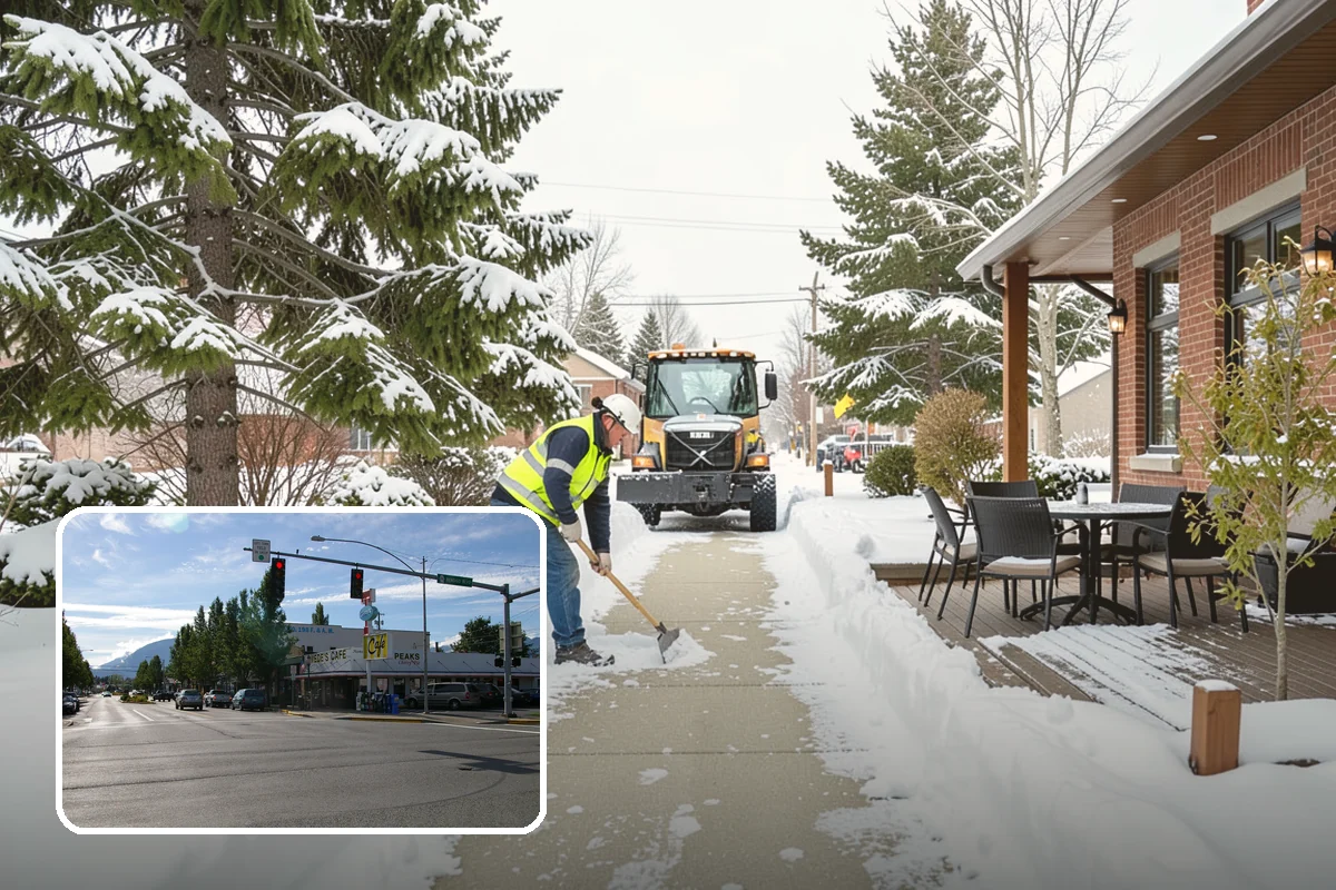 Strip Mall Snow Removal in North Bend, King County, WA - Shared lot and full storefront walkway cleared