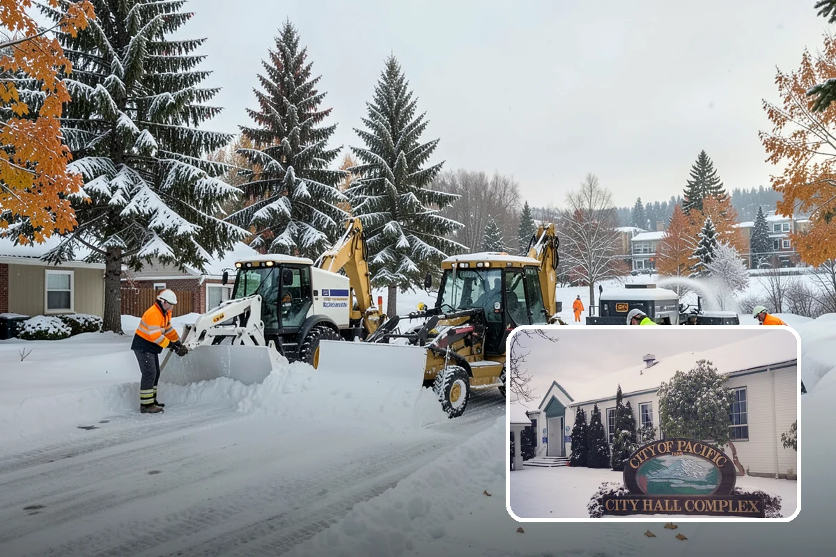 Strip Mall Snow Removal in Pacific, King County, WA - Shared lot and full storefront walkway cleared