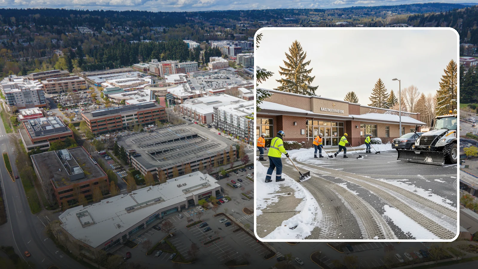 Strip Mall Snow Removal in Redmond, King County, WA - We keep strip-mall storefronts, shared parking, and sidewalks clear so every tenant's customers can reach the door safely.