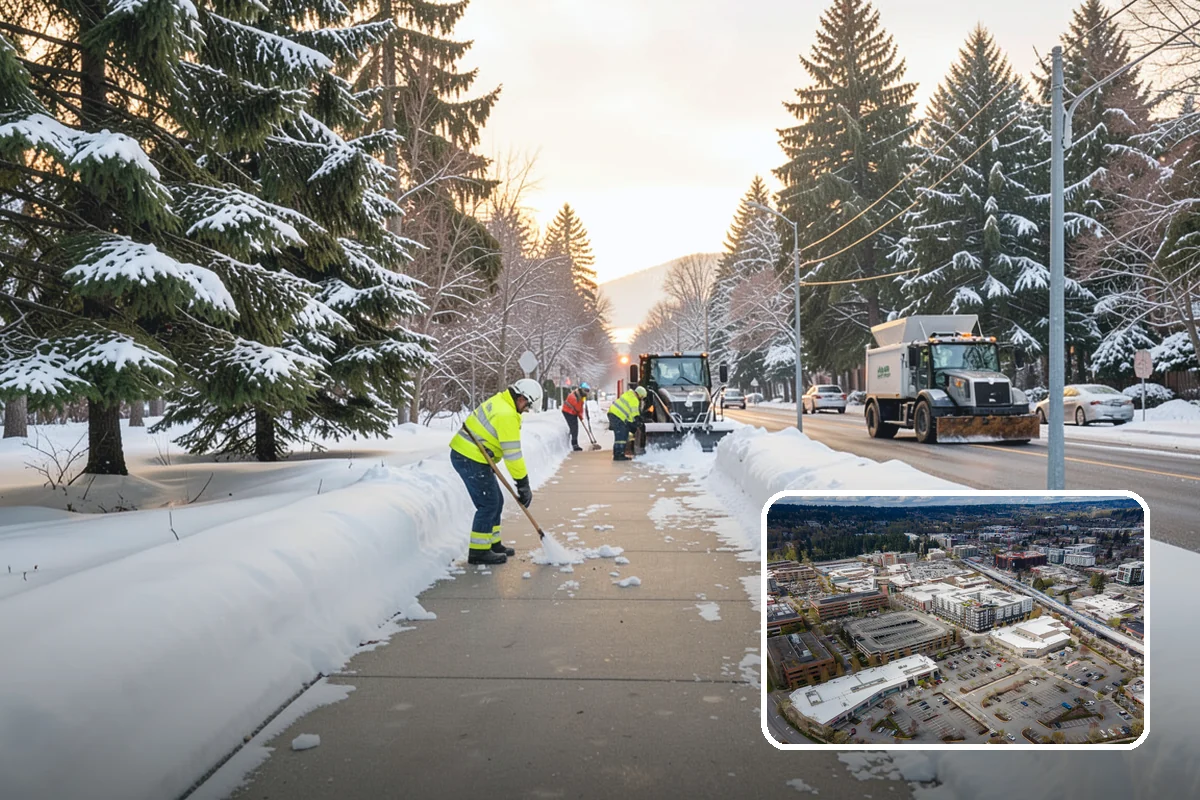 Strip Mall Snow Removal in Redmond, King County, WA - Shared lot and full storefront walkway cleared