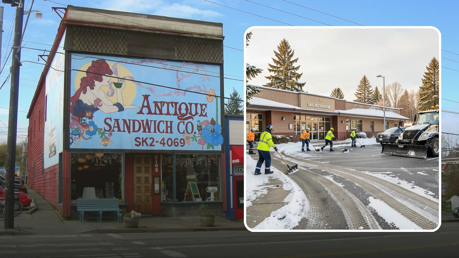 Strip Mall Snow Removal in Ruston, Pierce County, WA - We keep strip-mall storefronts, shared parking, and sidewalks clear so every tenant's customers can reach the door safely.