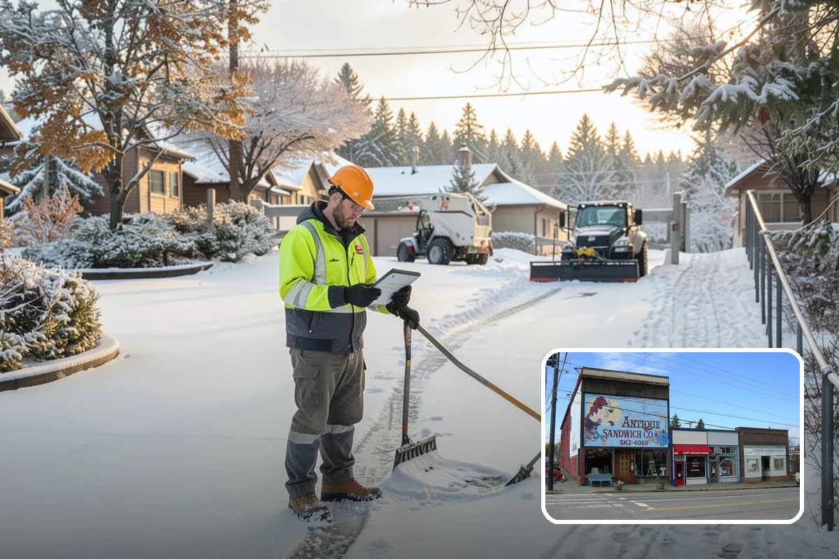 Strip Mall Snow Removal in Ruston, Pierce County, WA - Shared lot and full storefront walkway cleared