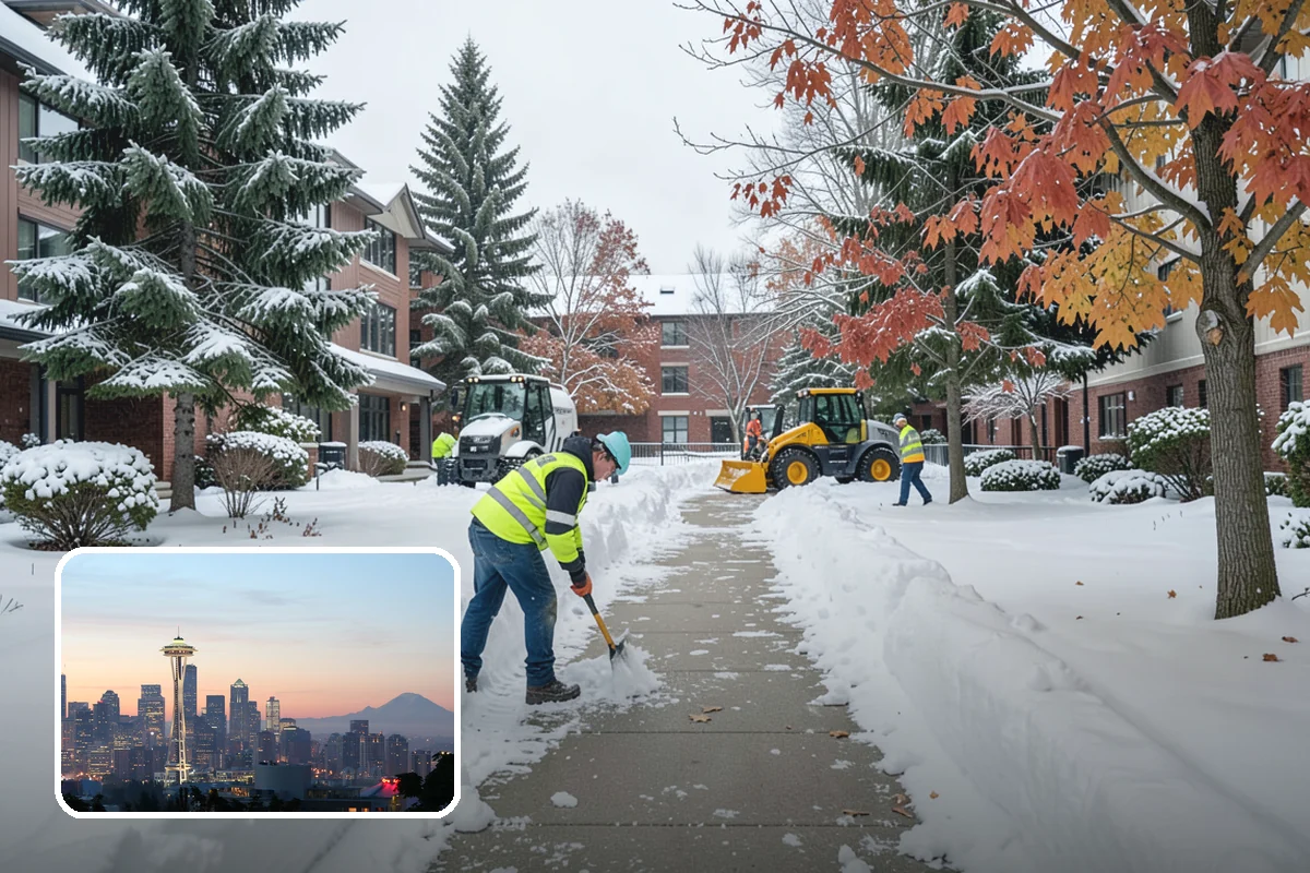 Strip Mall Snow Removal in Seattle, King County, WA - Shared lot and full storefront walkway cleared