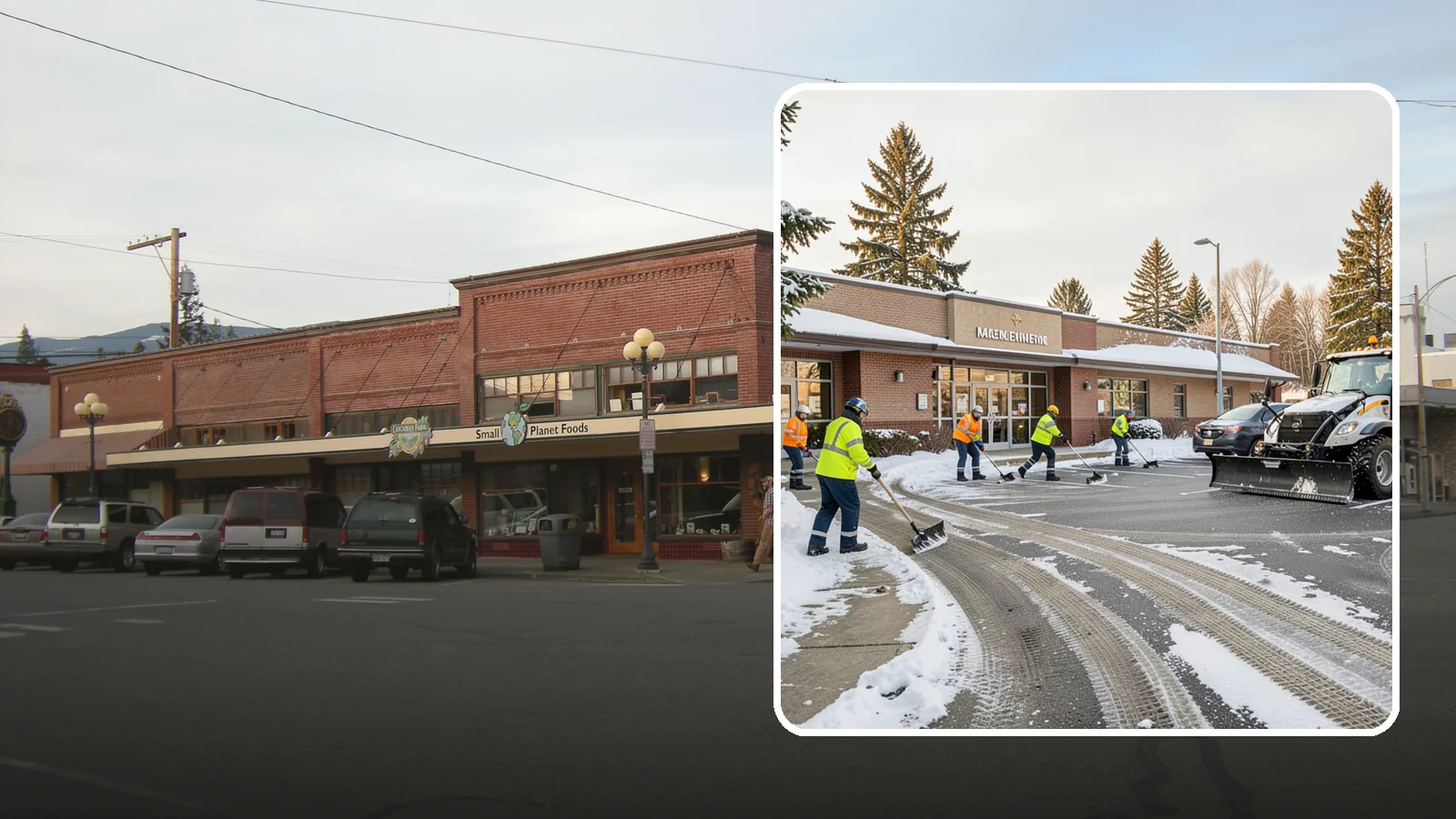 Strip Mall Snow Removal in Sedro-Woolley, Skagit County, WA - We keep strip-mall storefronts, shared parking, and sidewalks clear so every tenant's customers can reach the door safely.