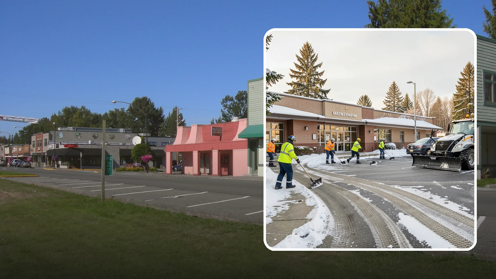 Strip Mall Snow Removal in Snoqualmie, King County, WA - We keep strip-mall storefronts, shared parking, and sidewalks clear so every tenant's customers can reach the door safely.