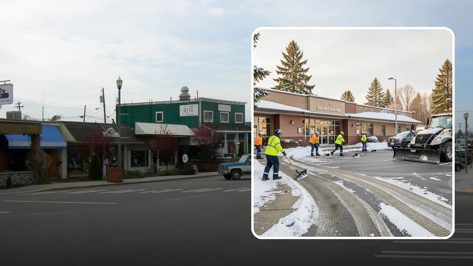 Strip Mall Snow Removal in Stanwood, Snohomish County, WA - We keep strip-mall storefronts, shared parking, and sidewalks clear so every tenant's customers can reach the door safely.