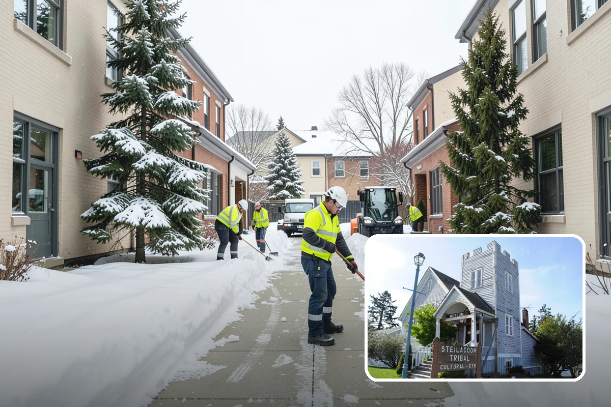Strip Mall Snow Removal in Steilacoom, Pierce County, WA - Shared lot and full storefront walkway cleared
