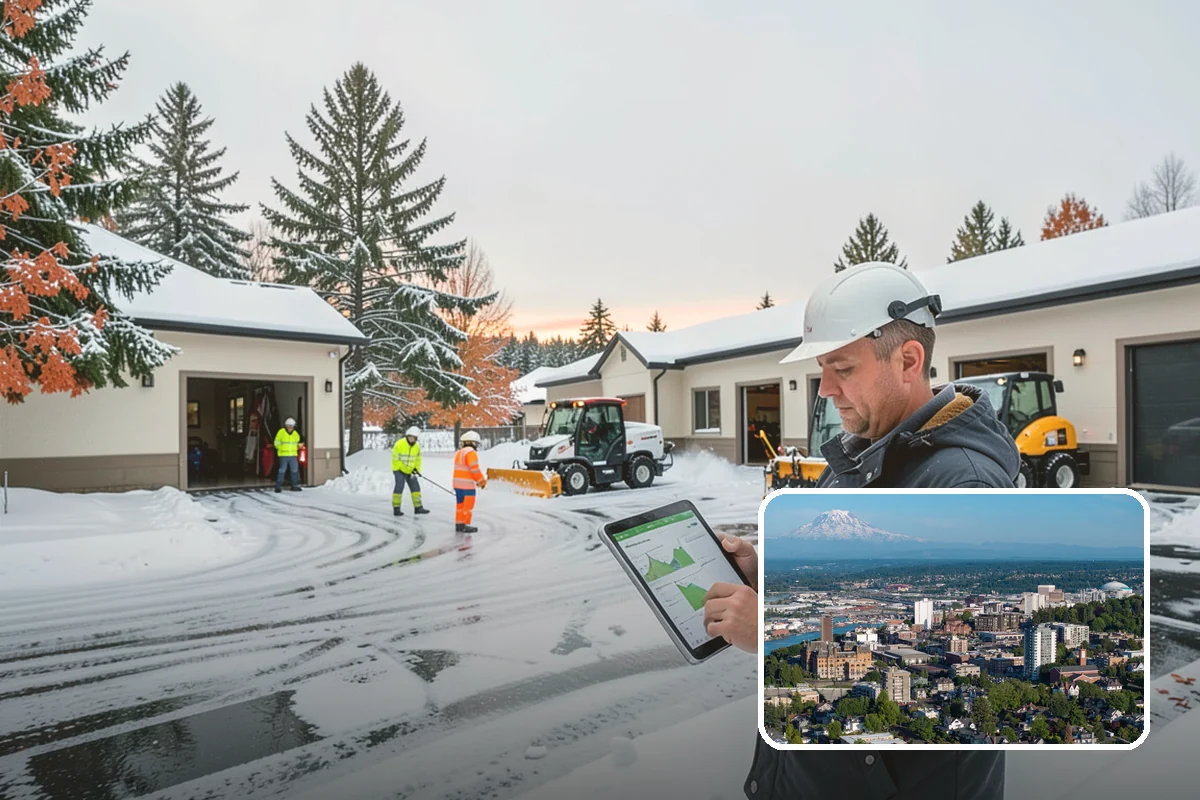 Strip Mall Snow Removal in Tacoma, Pierce County, WA - Shared lot and full storefront walkway cleared