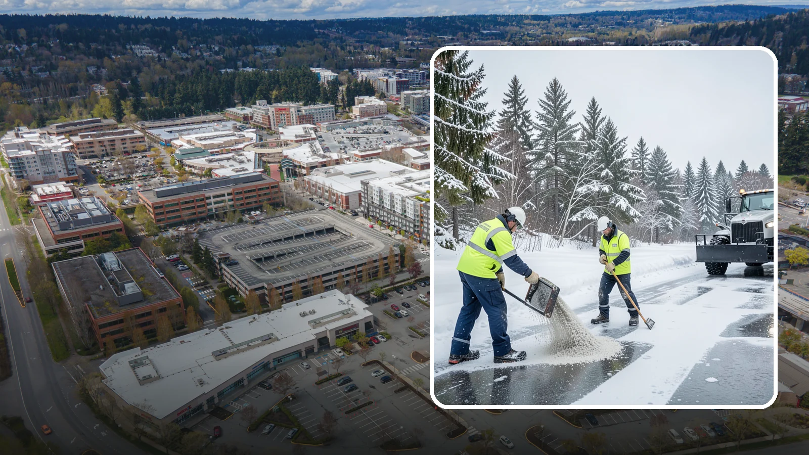 Traction Control Treatment in Redmond, King County, WA - Traction control treatment combines abrasives and targeted deicer to keep high-risk walking and driving surfaces safe underfoot.