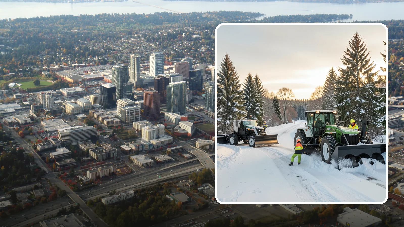 Tractor Snow Removal in Bellevue, King County, WA - Our tractors with front blades and blowers clear long drives, rural properties, and expansive walkways.