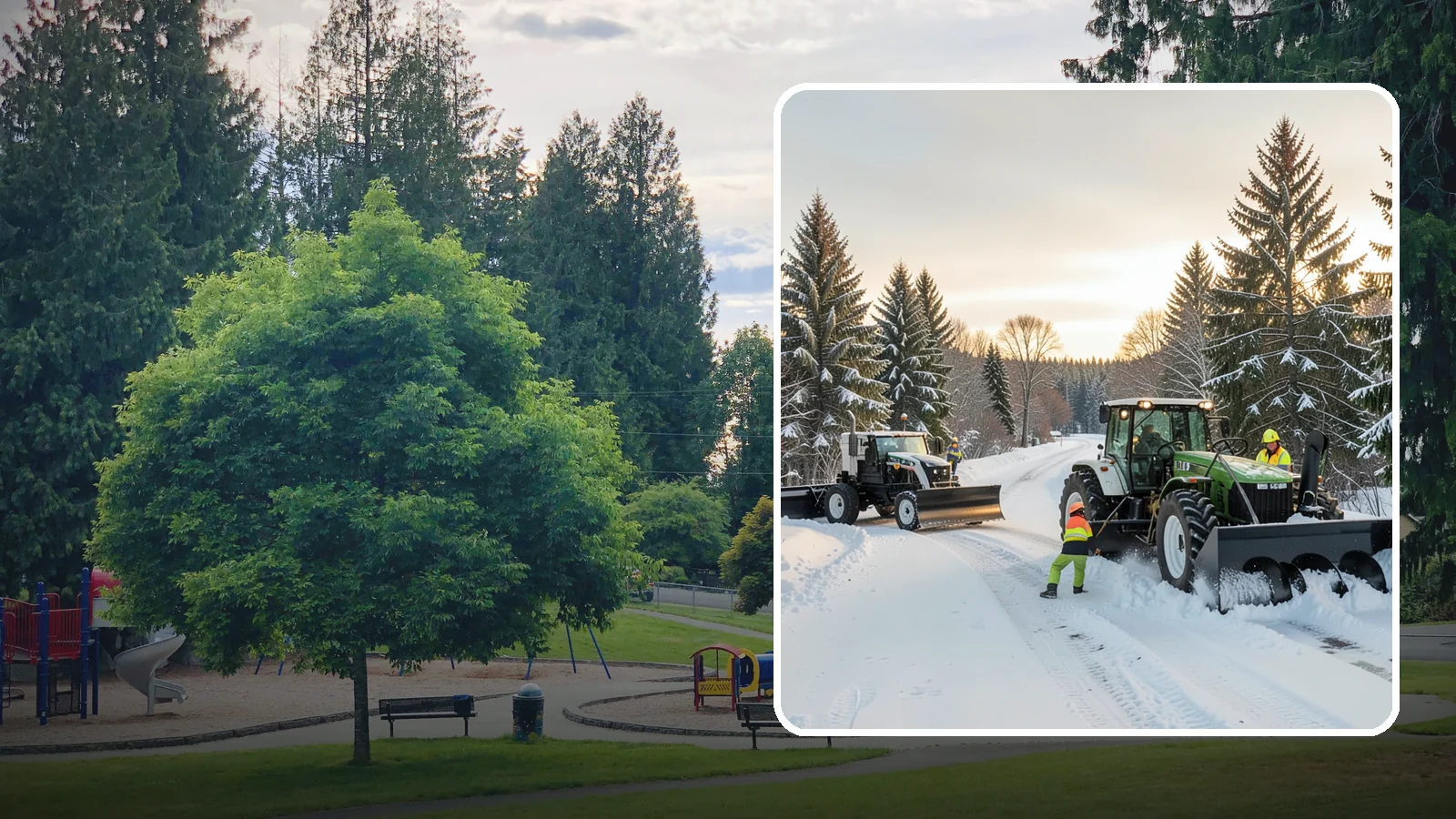 Tractor Snow Removal in Bonney Lake, Pierce County, WA - Our tractors with front blades and blowers clear long drives, rural properties, and expansive walkways.