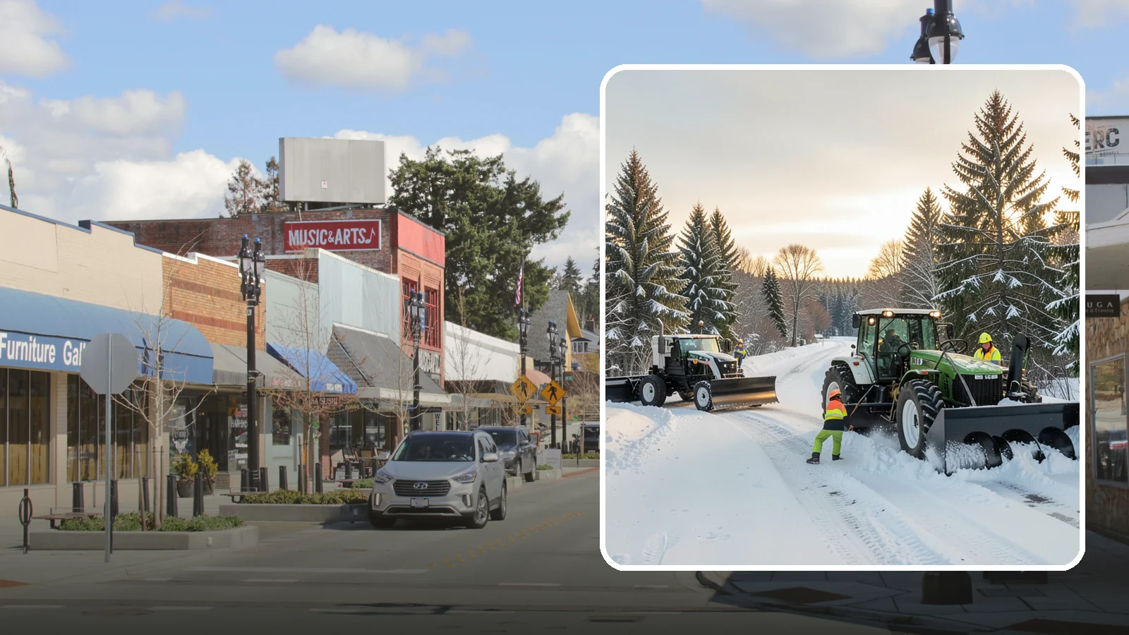 Tractor Snow Removal in Bothell, King County, WA - Our tractors with front blades and blowers clear long drives, rural properties, and expansive walkways.