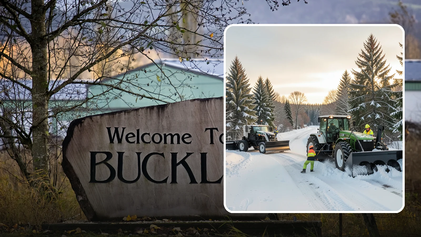 Tractor Snow Removal in Buckley, Pierce County, WA - Our tractors with front blades and blowers clear long drives, rural properties, and expansive walkways.