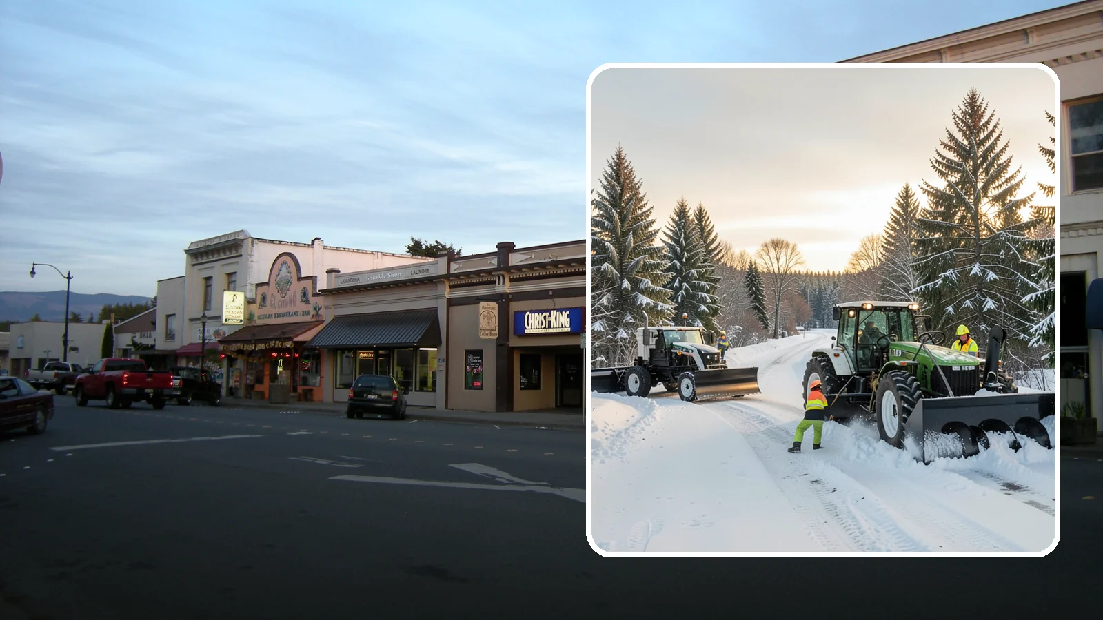 Tractor Snow Removal in Burlington, Skagit County, WA - Our tractors with front blades and blowers clear long drives, rural properties, and expansive walkways.