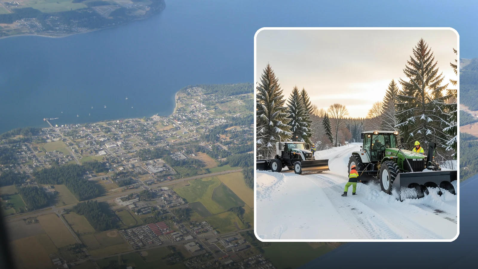 Tractor Snow Removal in Coupeville, Island County, WA - Our tractors with front blades and blowers clear long drives, rural properties, and expansive walkways.