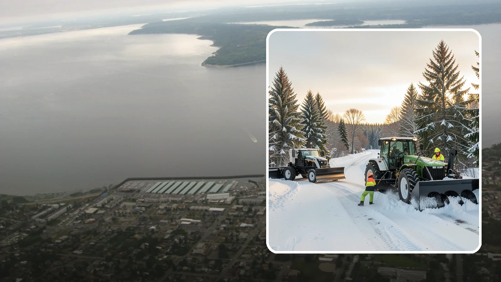 Tractor Snow Removal in Des Moines, King County, WA - Our tractors with front blades and blowers clear long drives, rural properties, and expansive walkways.