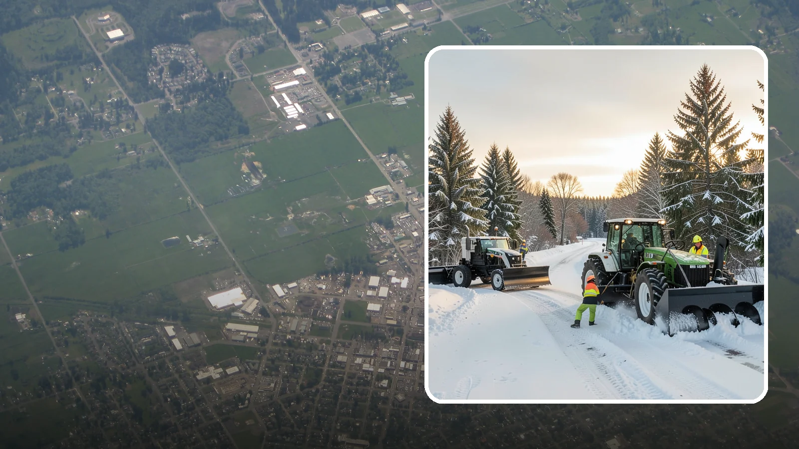 Tractor Snow Removal in Enumclaw, King County, WA - Our tractors with front blades and blowers clear long drives, rural properties, and expansive walkways.