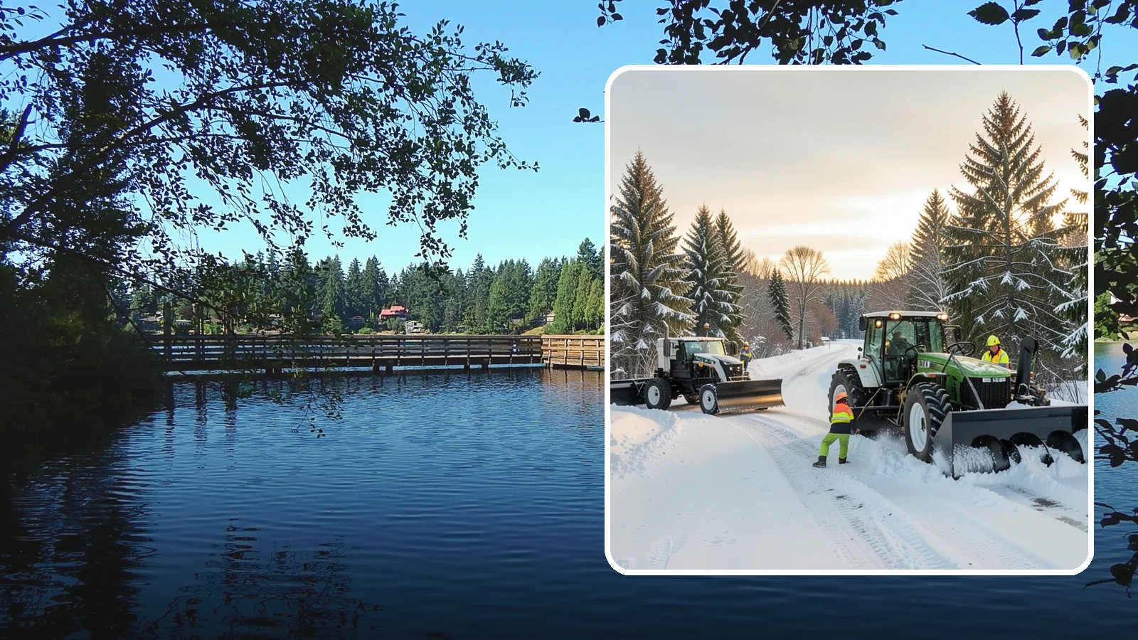 Tractor Snow Removal in Federal Way, King County, WA - Our tractors with front blades and blowers clear long drives, rural properties, and expansive walkways.