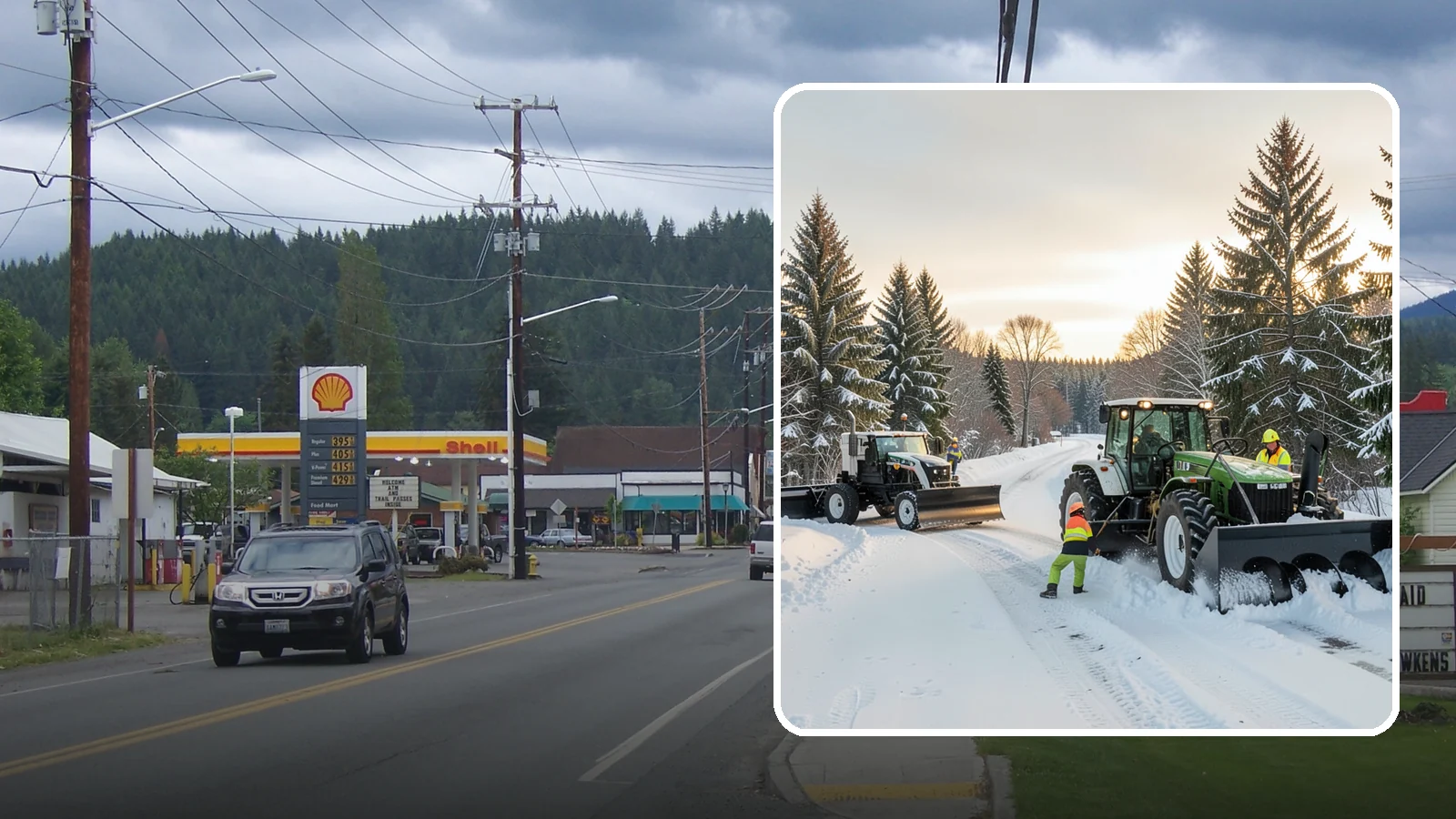 Tractor Snow Removal in Granite Falls, Snohomish County, WA - Our tractors with front blades and blowers clear long drives, rural properties, and expansive walkways.
