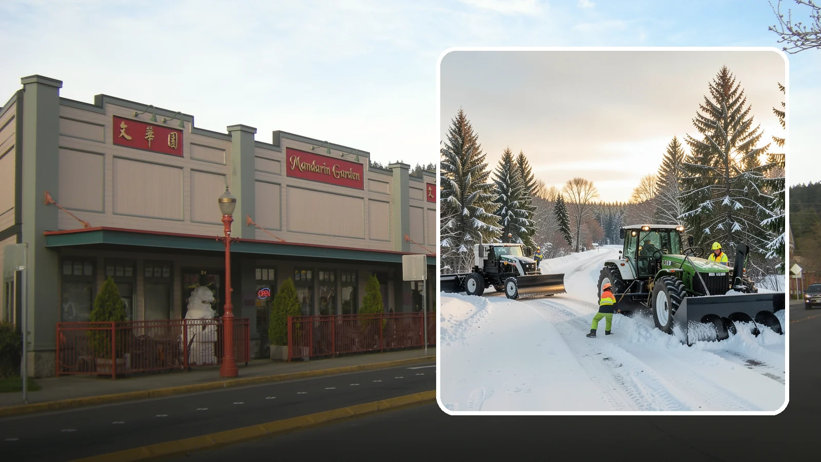 Tractor Snow Removal in Issaquah, King County, WA - Our tractors with front blades and blowers clear long drives, rural properties, and expansive walkways.