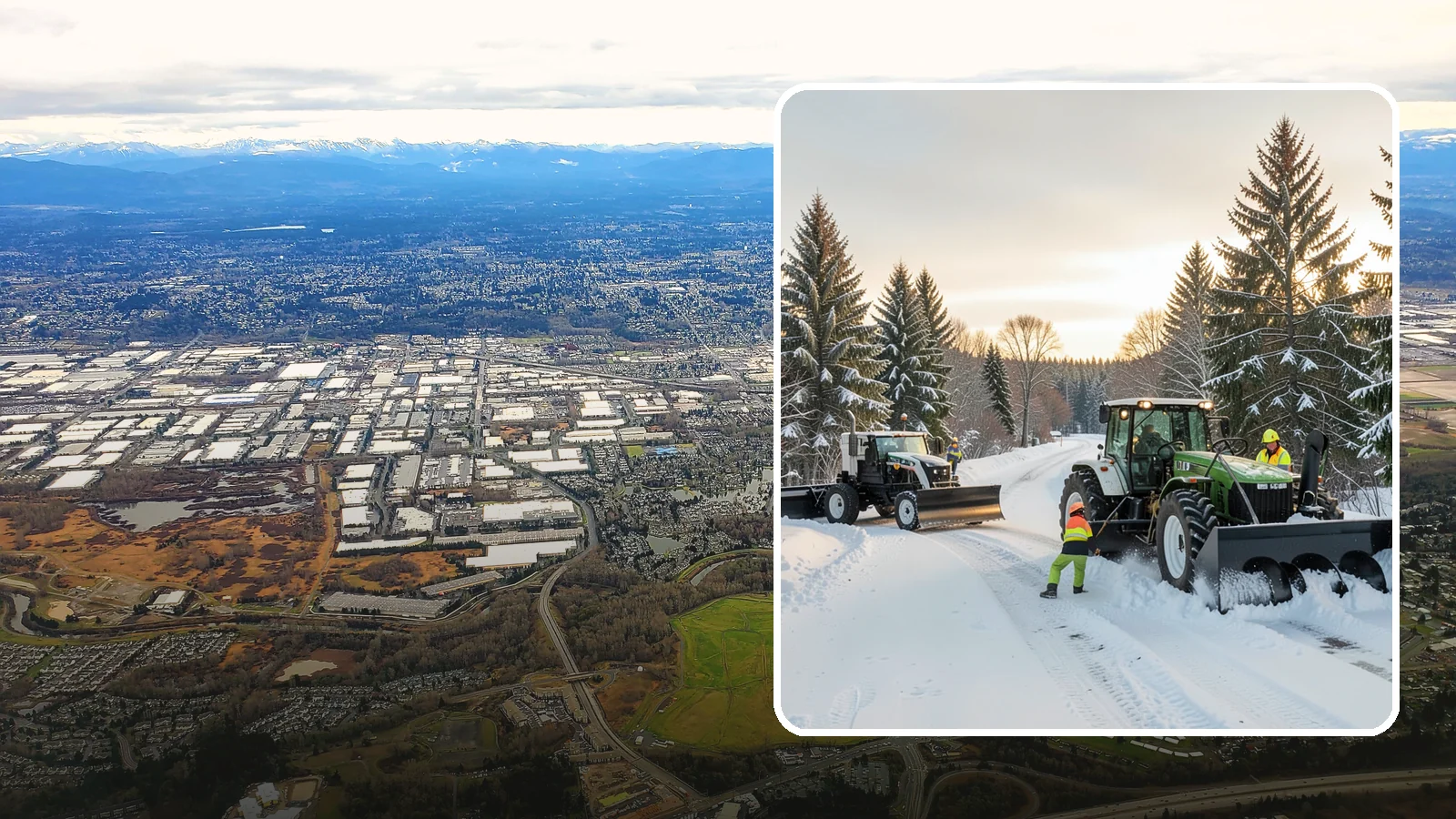 Tractor Snow Removal in Kent, King County, WA - Our tractors with front blades and blowers clear long drives, rural properties, and expansive walkways.
