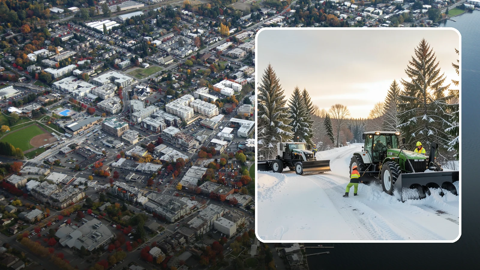 Tractor Snow Removal in Kirkland, King County, WA - Our tractors with front blades and blowers clear long drives, rural properties, and expansive walkways.