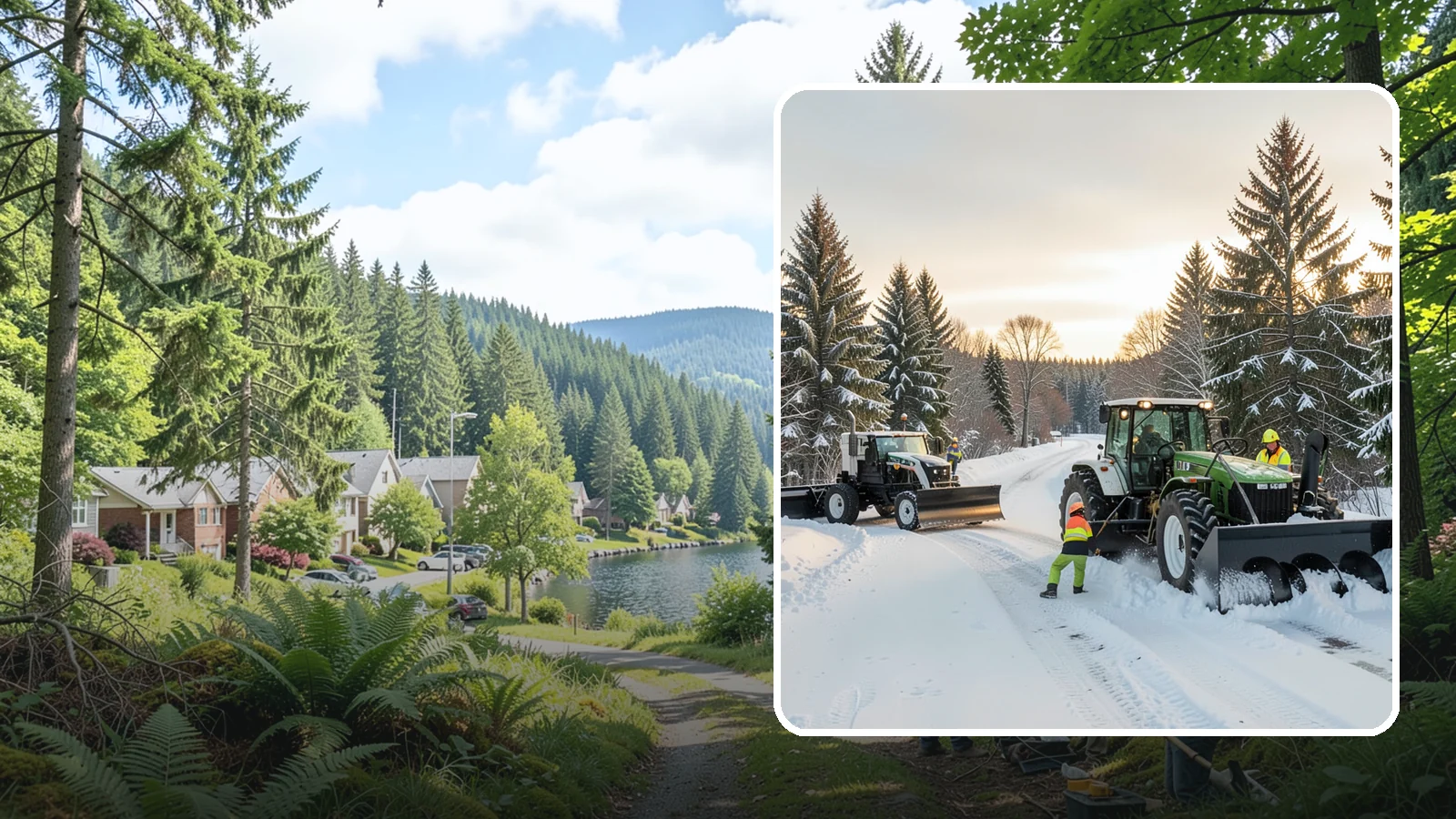 Tractor Snow Removal in Lake Forest Park, King County, WA - Our tractors with front blades and blowers clear long drives, rural properties, and expansive walkways.