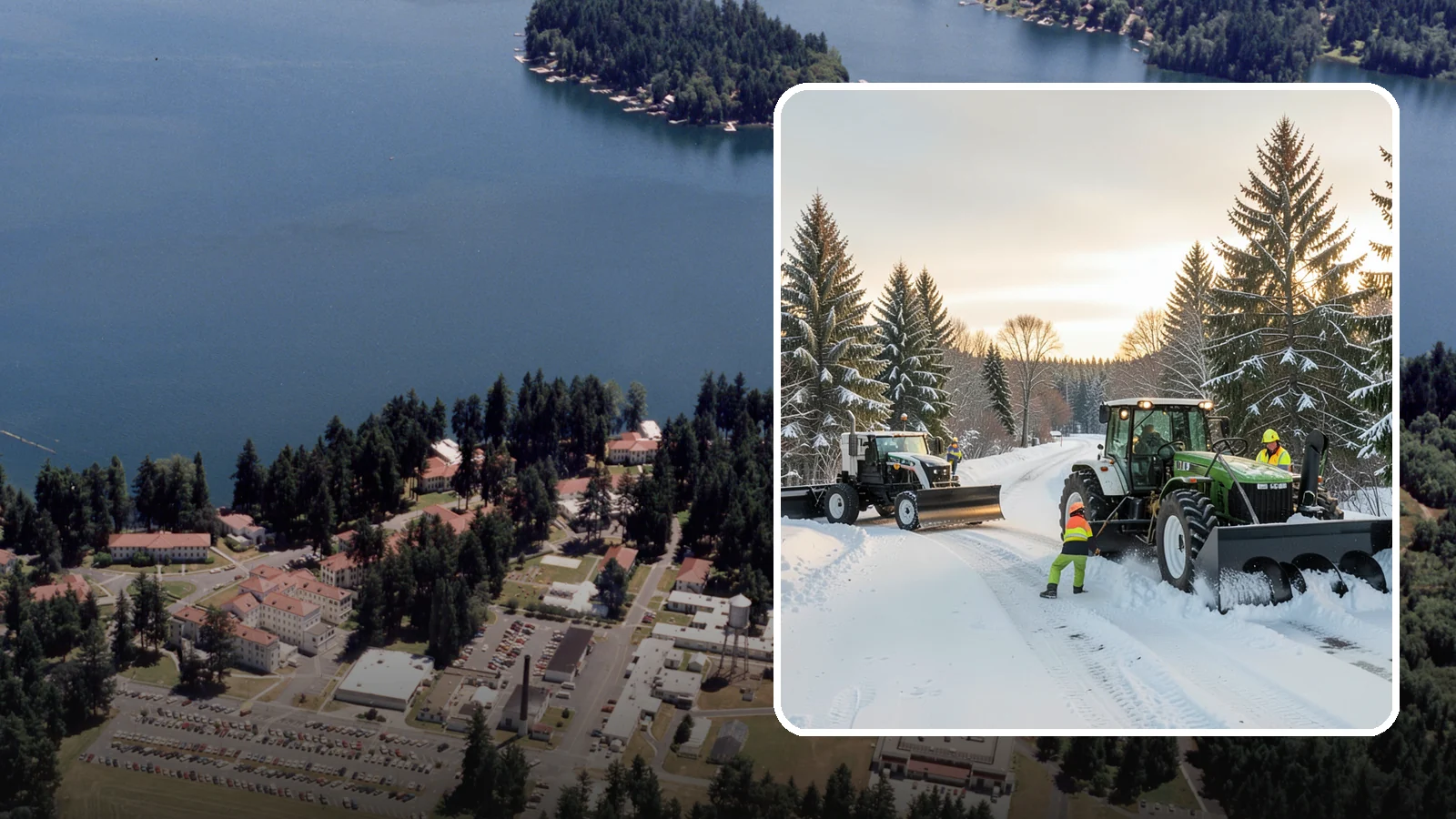 Tractor Snow Removal in Lakewood, Pierce County, WA - Our tractors with front blades and blowers clear long drives, rural properties, and expansive walkways.