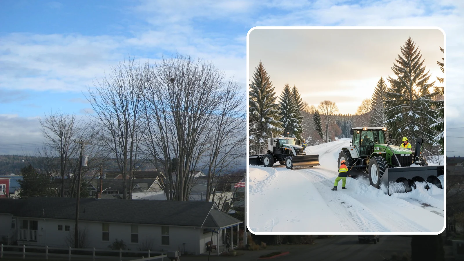 Tractor Snow Removal in Langley, Island County, WA - Our tractors with front blades and blowers clear long drives, rural properties, and expansive walkways.