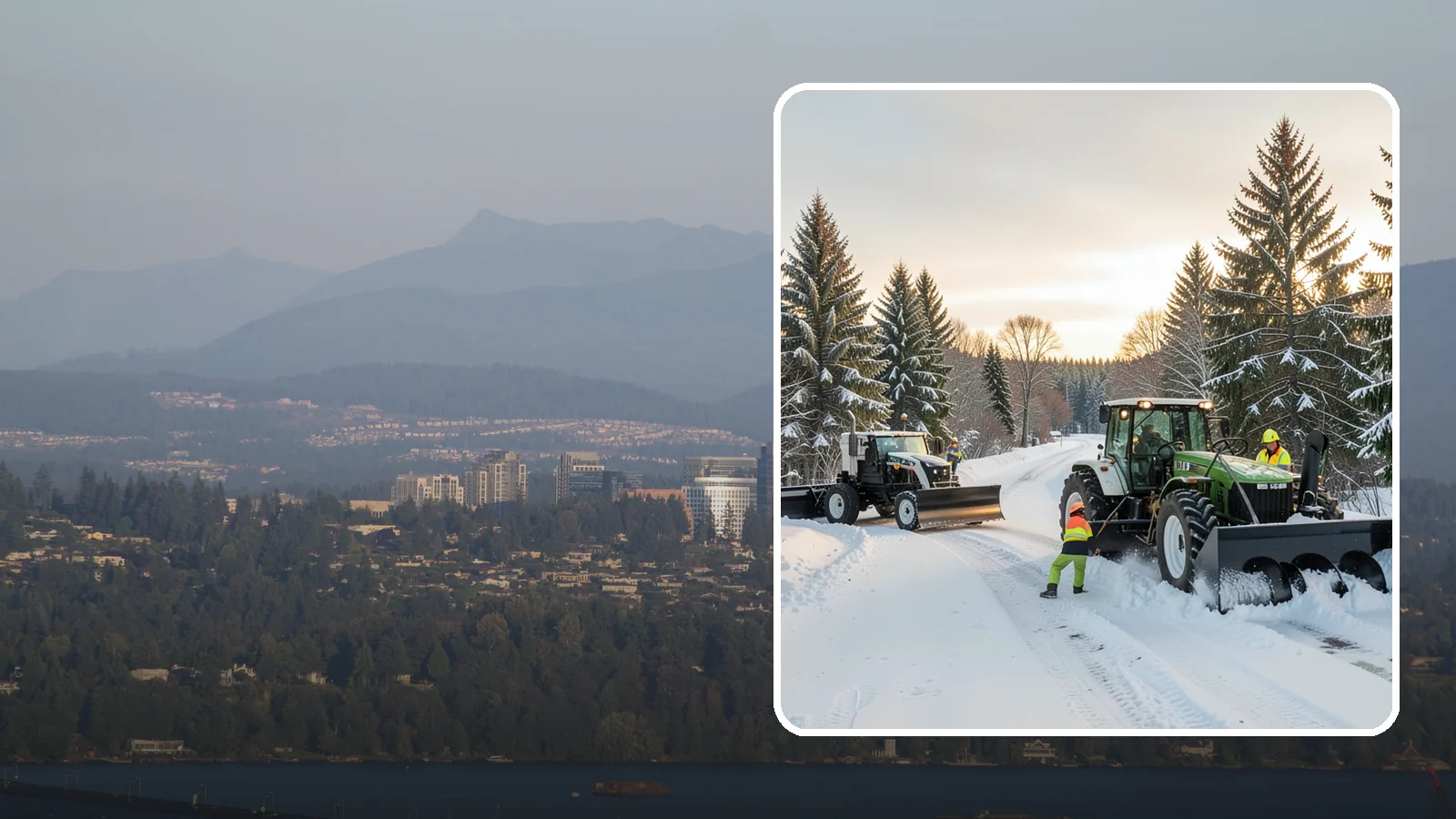 Tractor Snow Removal in Medina, King County, WA - Our tractors with front blades and blowers clear long drives, rural properties, and expansive walkways.
