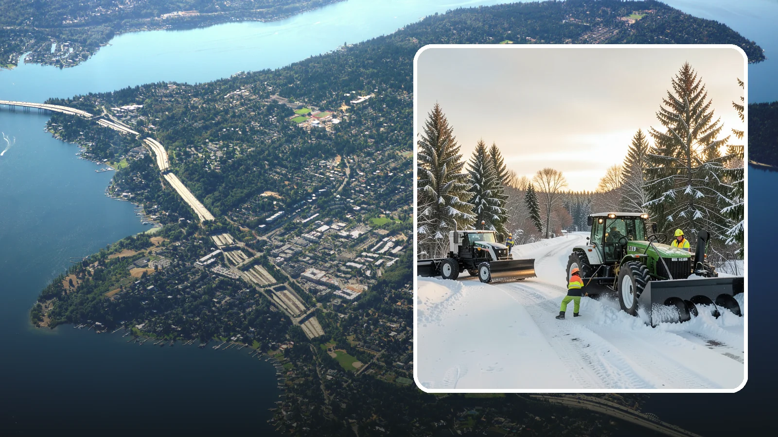 Tractor Snow Removal in Mercer Island, King County, WA - Our tractors with front blades and blowers clear long drives, rural properties, and expansive walkways.