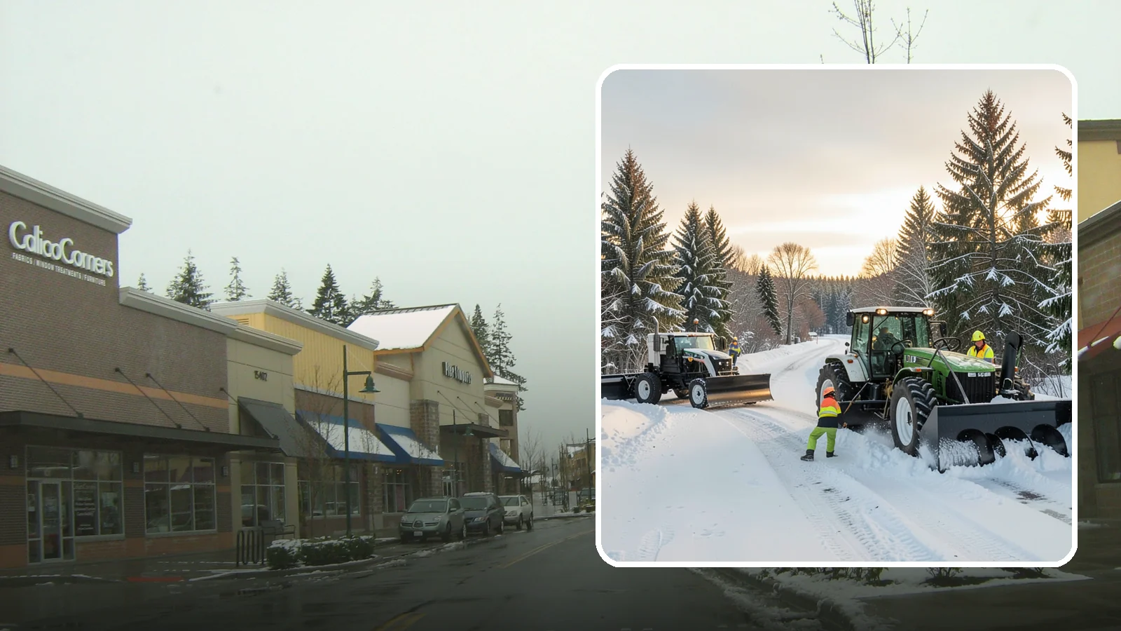 Tractor Snow Removal in Mill Creek, Snohomish County, WA - Our tractors with front blades and blowers clear long drives, rural properties, and expansive walkways.