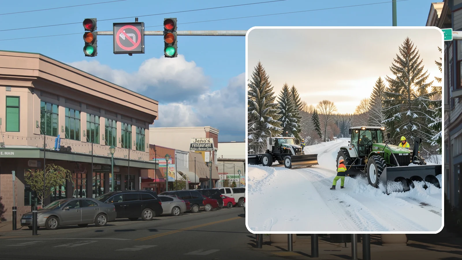 Tractor Snow Removal in Monroe, Snohomish County, WA - Our tractors with front blades and blowers clear long drives, rural properties, and expansive walkways.