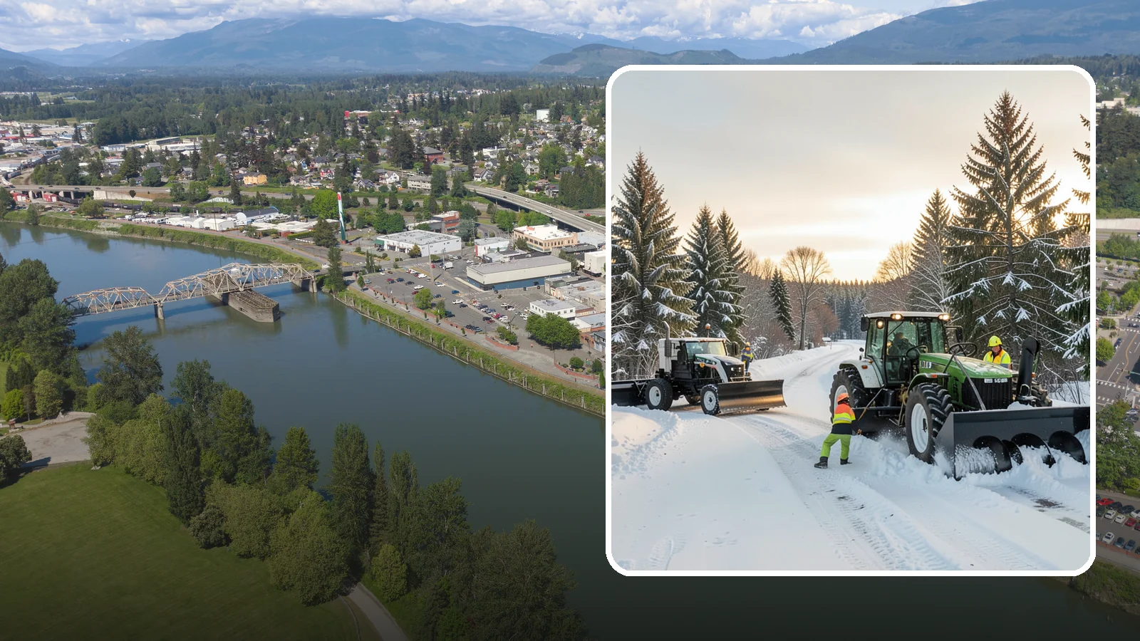 Tractor Snow Removal in Mount Vernon, Skagit County, WA - Our tractors with front blades and blowers clear long drives, rural properties, and expansive walkways.