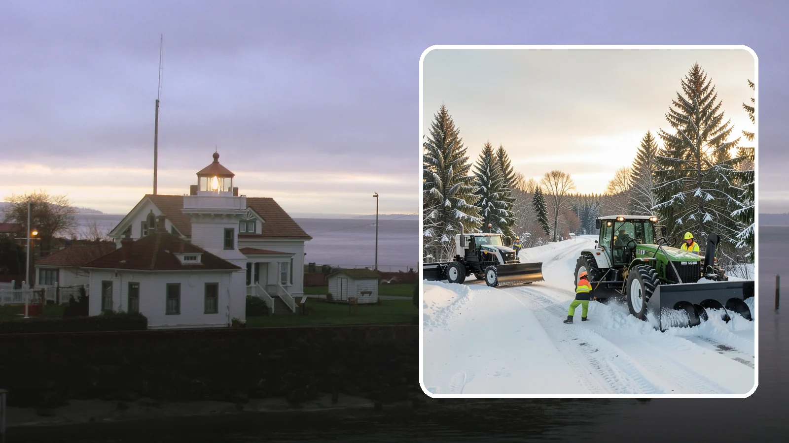 Tractor Snow Removal in Mukilteo, Snohomish County, WA - Our tractors with front blades and blowers clear long drives, rural properties, and expansive walkways.