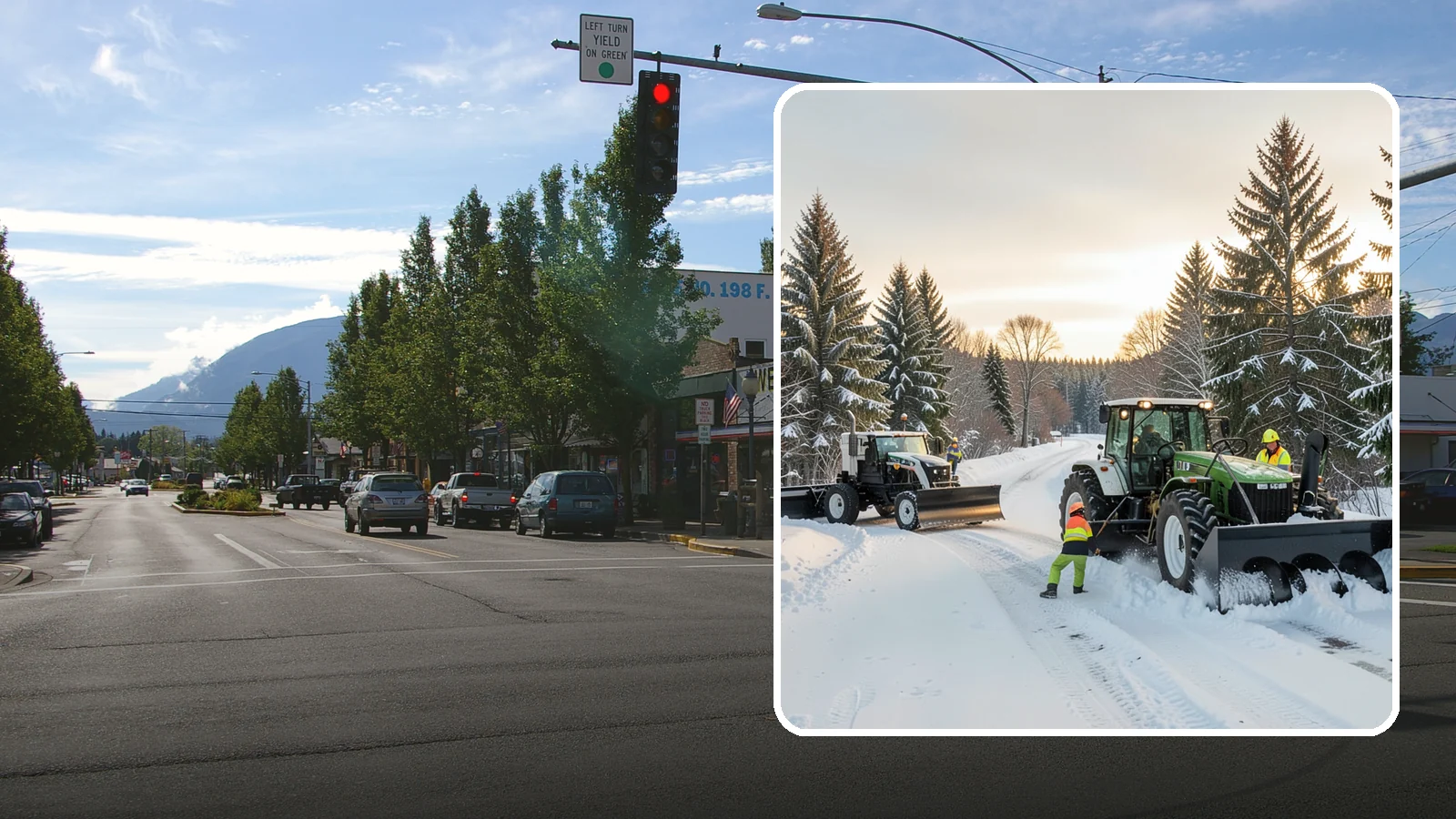 Tractor Snow Removal in North Bend, King County, WA - Our tractors with front blades and blowers clear long drives, rural properties, and expansive walkways.