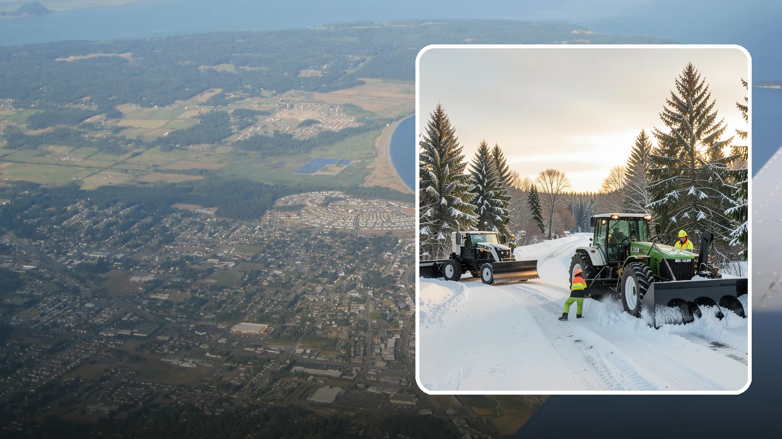 Tractor Snow Removal in Oak Harbor, Island County, WA - Our tractors with front blades and blowers clear long drives, rural properties, and expansive walkways.