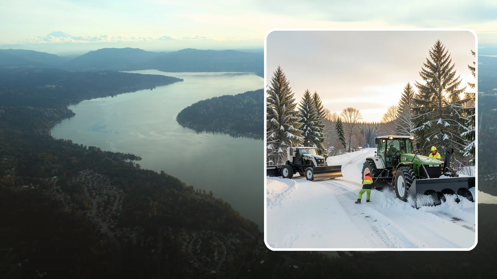 Tractor Snow Removal in Sammamish, King County, WA - Our tractors with front blades and blowers clear long drives, rural properties, and expansive walkways.