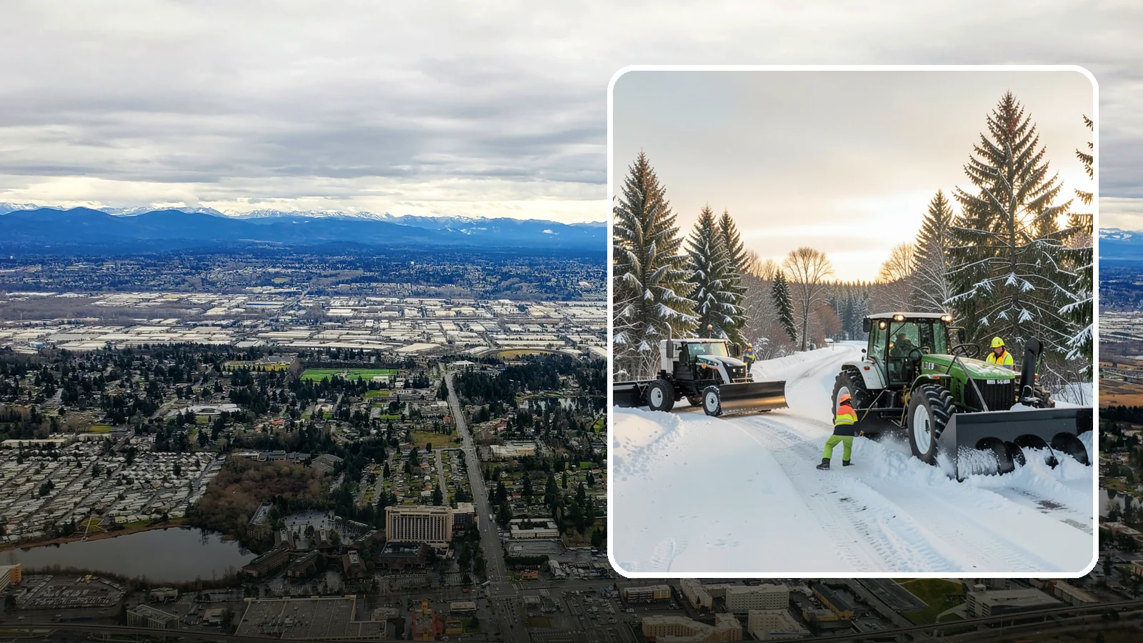 Tractor Snow Removal in SeaTac, King County, WA - Our tractors with front blades and blowers clear long drives, rural properties, and expansive walkways.
