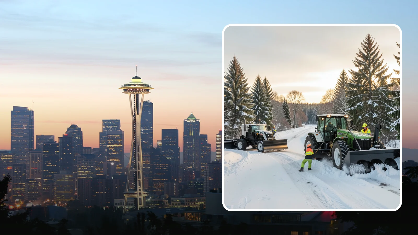 Tractor Snow Removal in Seattle, King County, WA - Our tractors with front blades and blowers clear long drives, rural properties, and expansive walkways.
