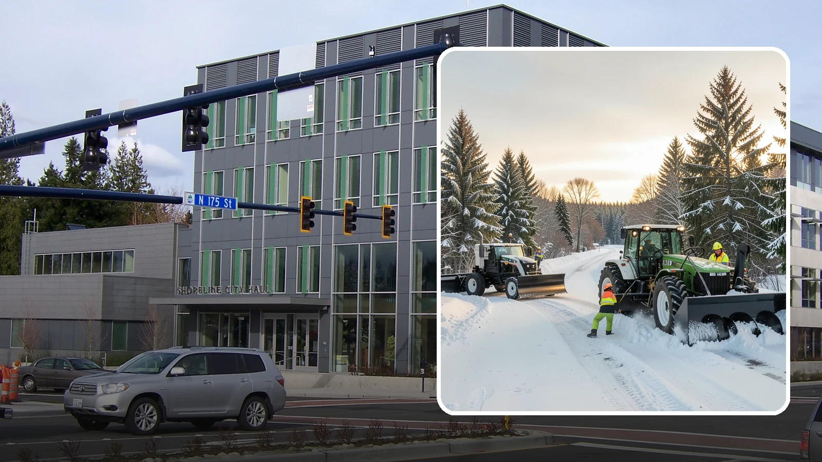 Tractor Snow Removal in Shoreline, King County, WA - Our tractors with front blades and blowers clear long drives, rural properties, and expansive walkways.