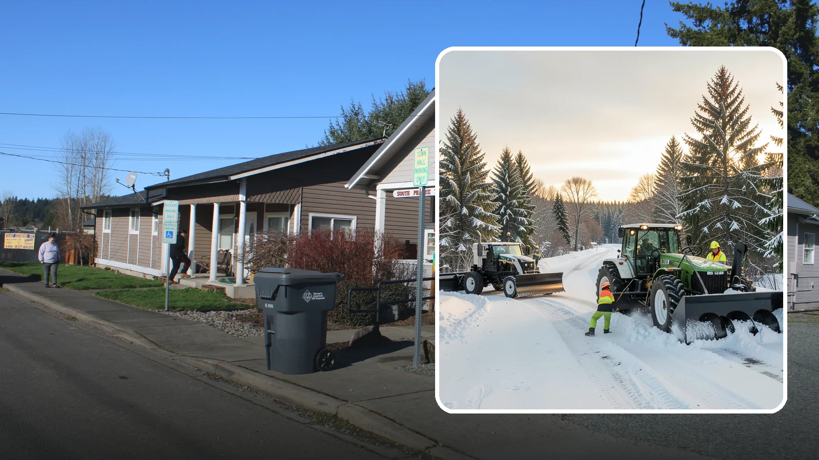 Tractor Snow Removal in South Prairie, Pierce County, WA - Our tractors with front blades and blowers clear long drives, rural properties, and expansive walkways.