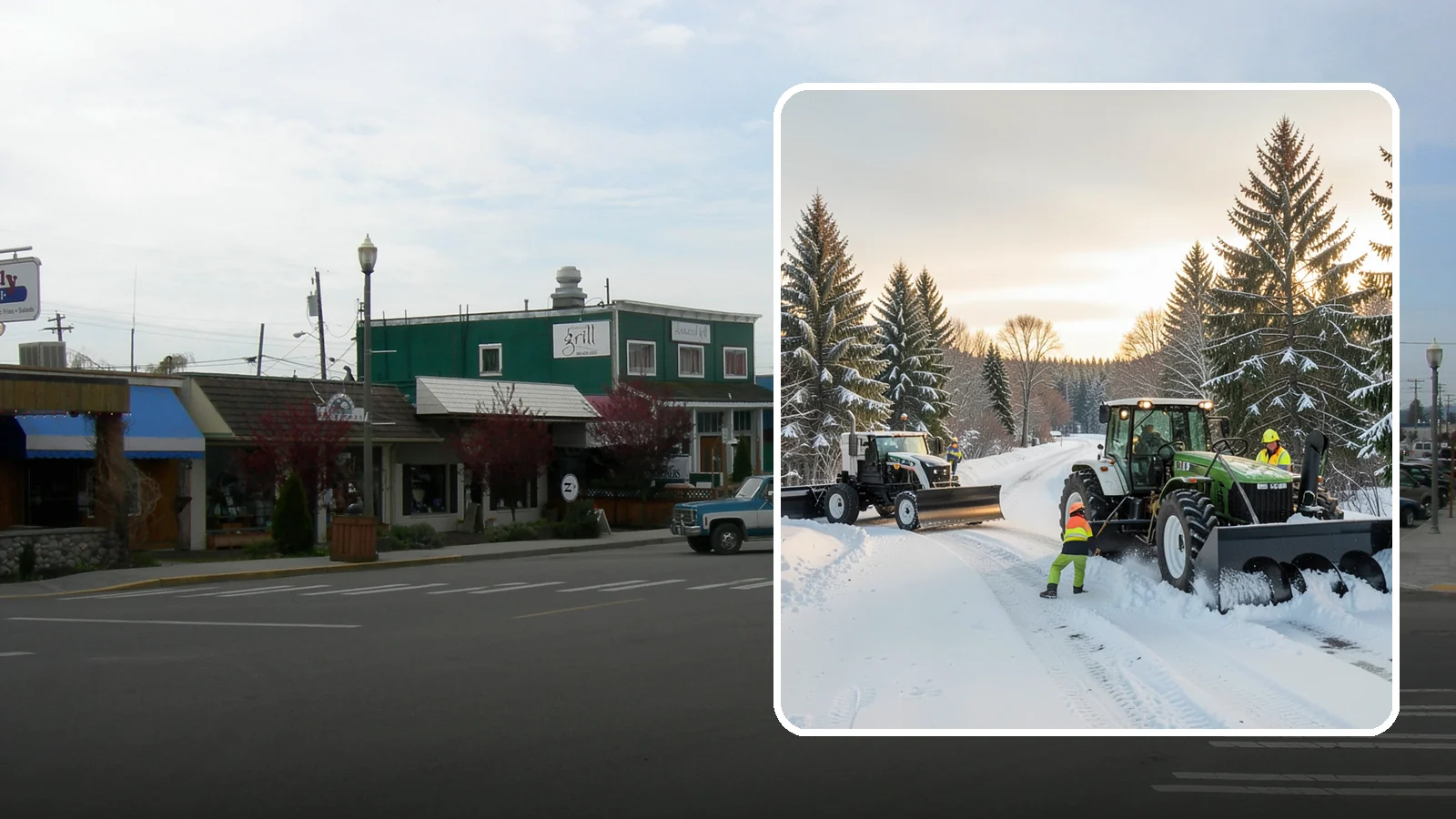 Tractor Snow Removal in Stanwood, Snohomish County, WA - Our tractors with front blades and blowers clear long drives, rural properties, and expansive walkways.