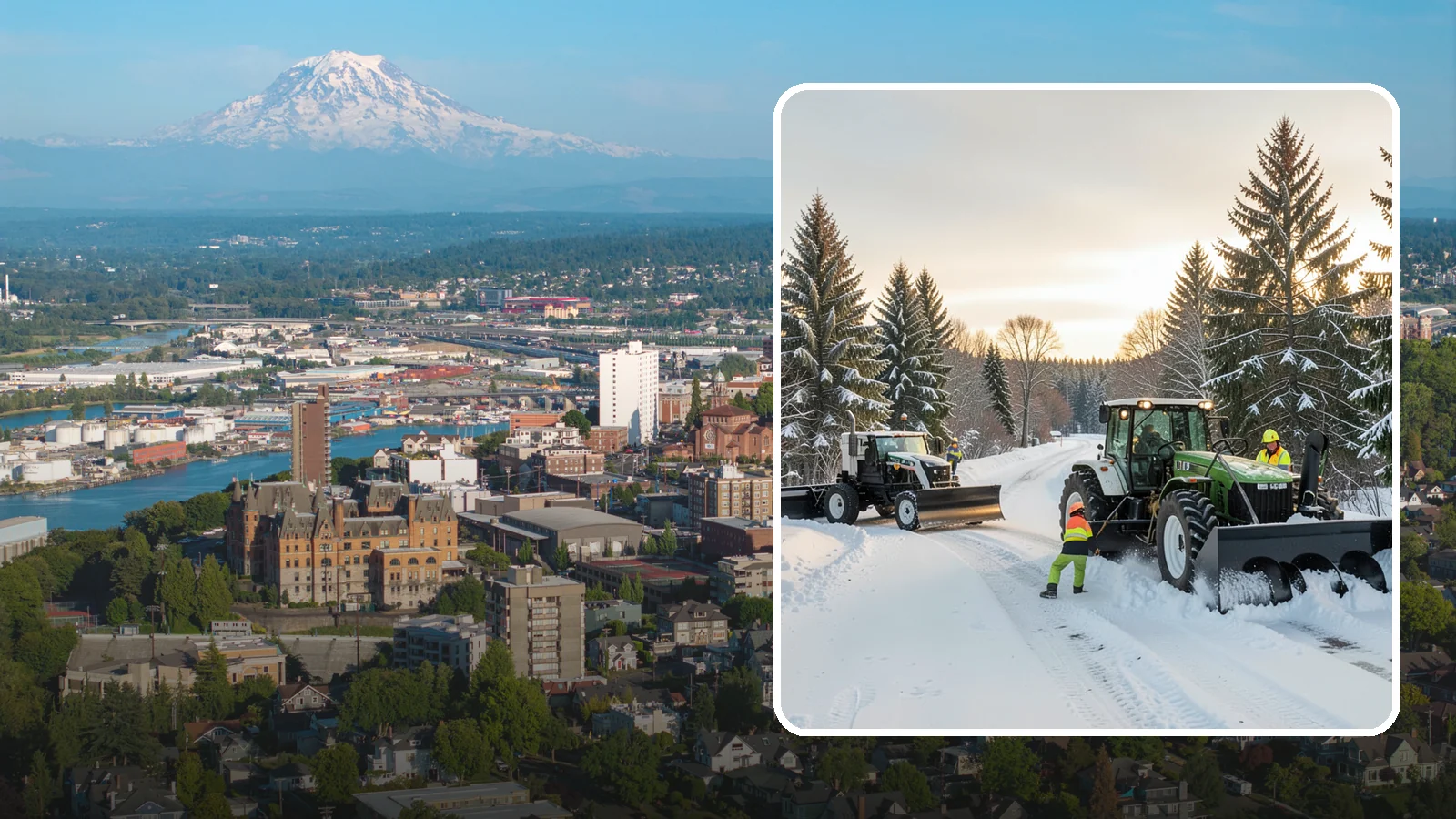 Tractor Snow Removal in Tacoma, Pierce County, WA - Our tractors with front blades and blowers clear long drives, rural properties, and expansive walkways.