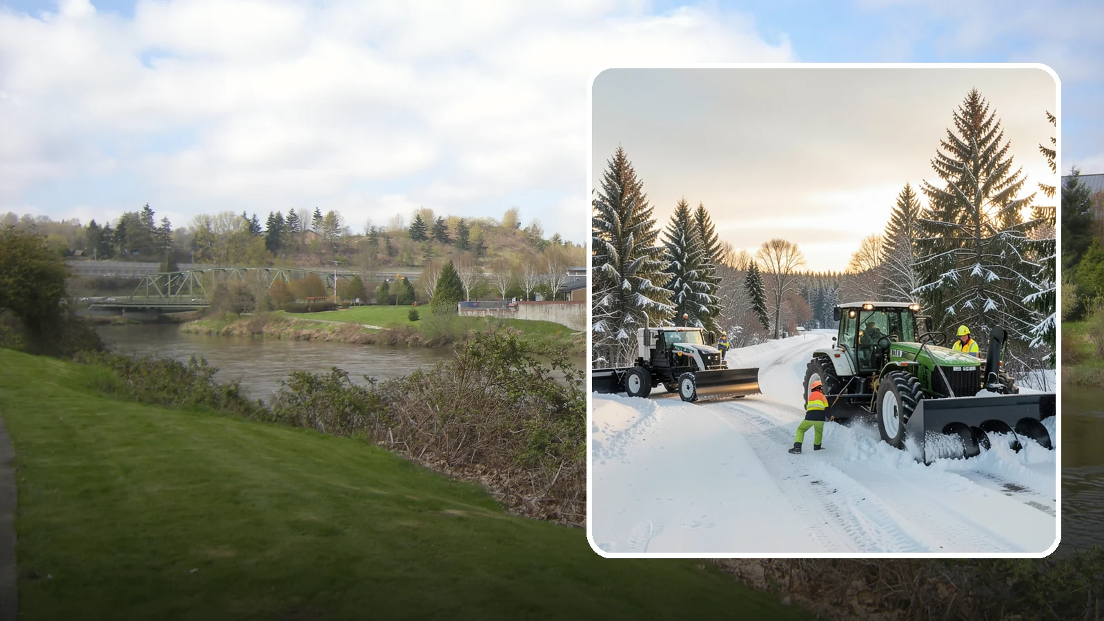 Tractor Snow Removal in Tukwila, King County, WA - Our tractors with front blades and blowers clear long drives, rural properties, and expansive walkways.