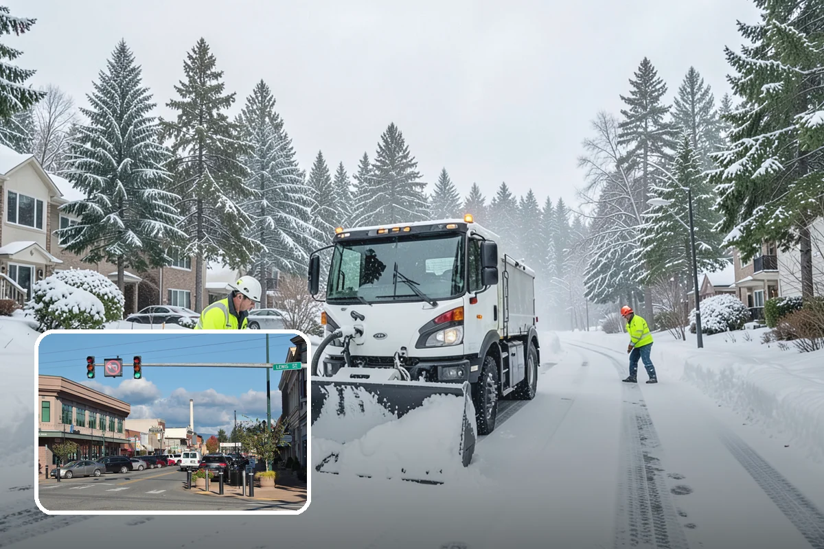 Transit Center Snow Removal in Monroe, Snohomish County, WA - Bus bays and boarding islands cleared first