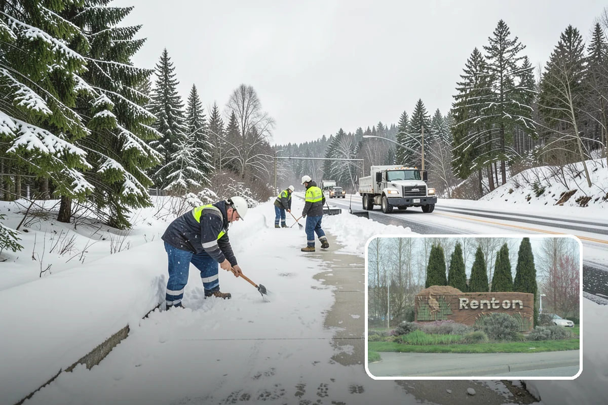 Transit Center Snow Removal in Renton, King County, WA - Bus bays and boarding islands cleared first